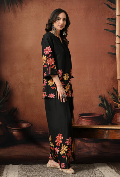 Black Multi-Flower Hand-Block Cotton Co-ord Set – Farshi Salwar Ethnic Wear
