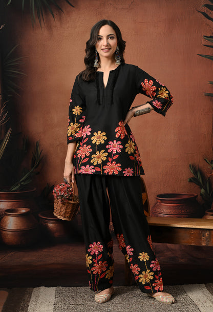 Black Multi-Flower Hand-Block Cotton Co-ord Set – Farshi Salwar Ethnic Wear