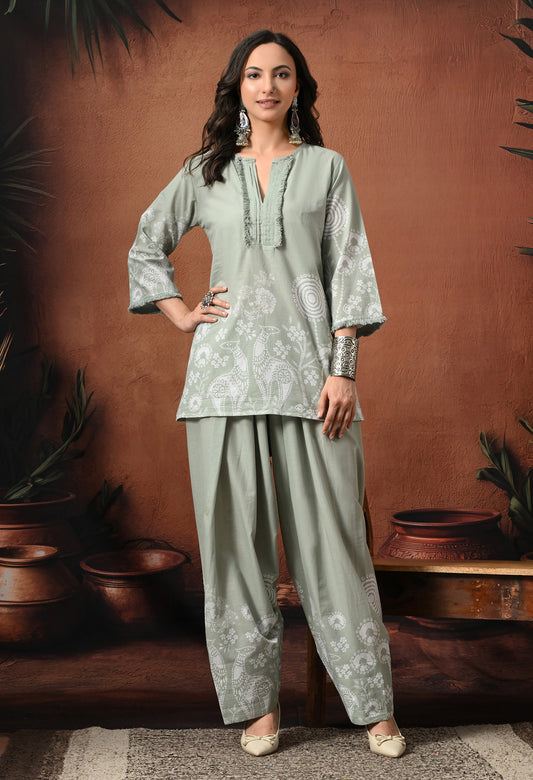 Sage Grey Mandana Print Cotton Co-ord Set – Farshi Salwar Ethnic Wear