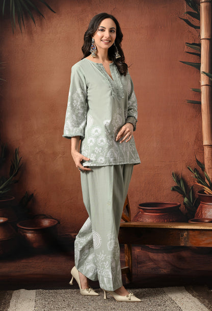 Sage Grey Mandana Print Cotton Co-ord Set – Farshi Salwar Ethnic Wear