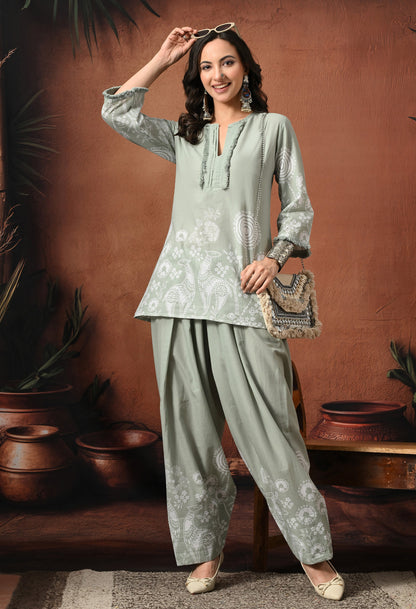 Sage Grey Mandana Print Cotton Co-ord Set – Farshi Salwar Ethnic Wear