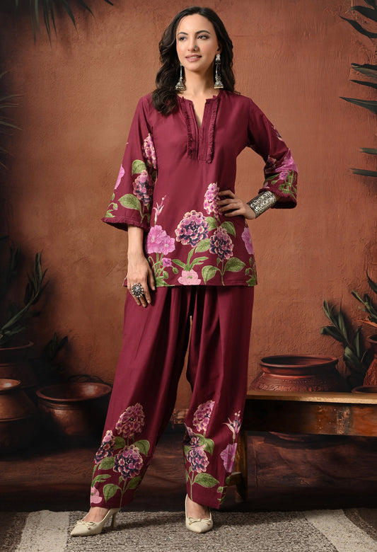 Wine Purple Hydrangea Floral Cotton Co-ord Set – Farshi Salwar Ethnic Wear