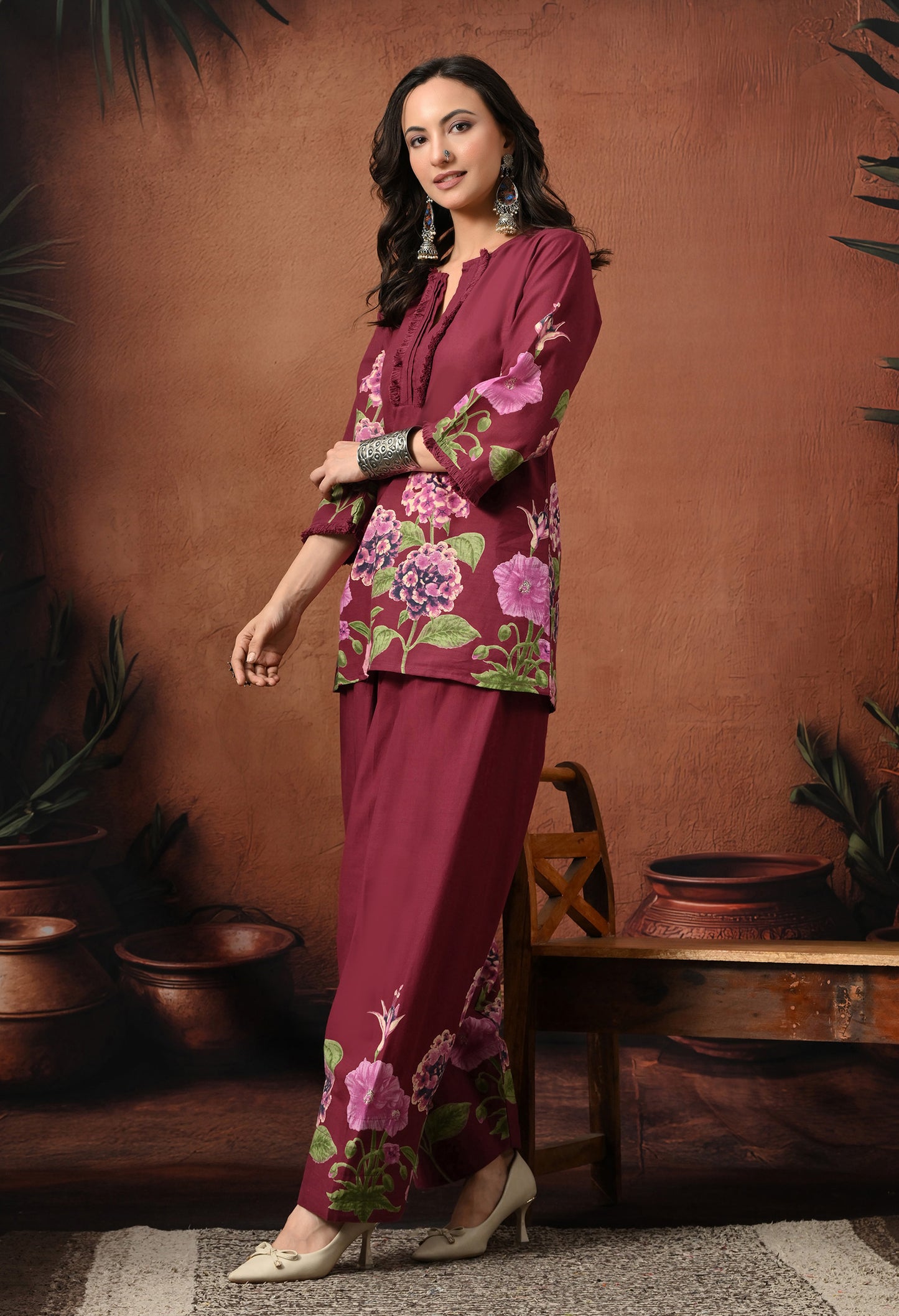 Wine Purple Hydrangea Floral Cotton Co-ord Set – Farshi Salwar Ethnic Wear