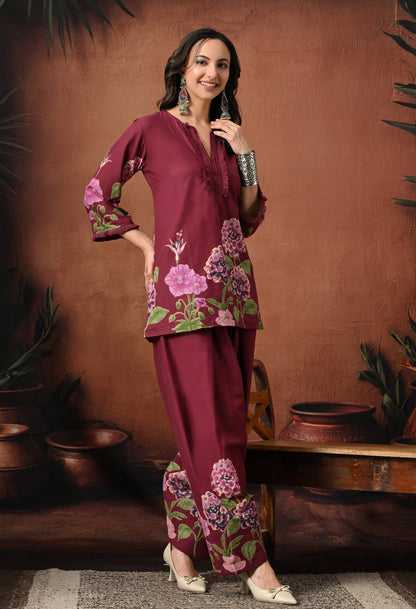 Wine Purple Hydrangea Floral Cotton Co-ord Set – Farshi Salwar Ethnic Wear