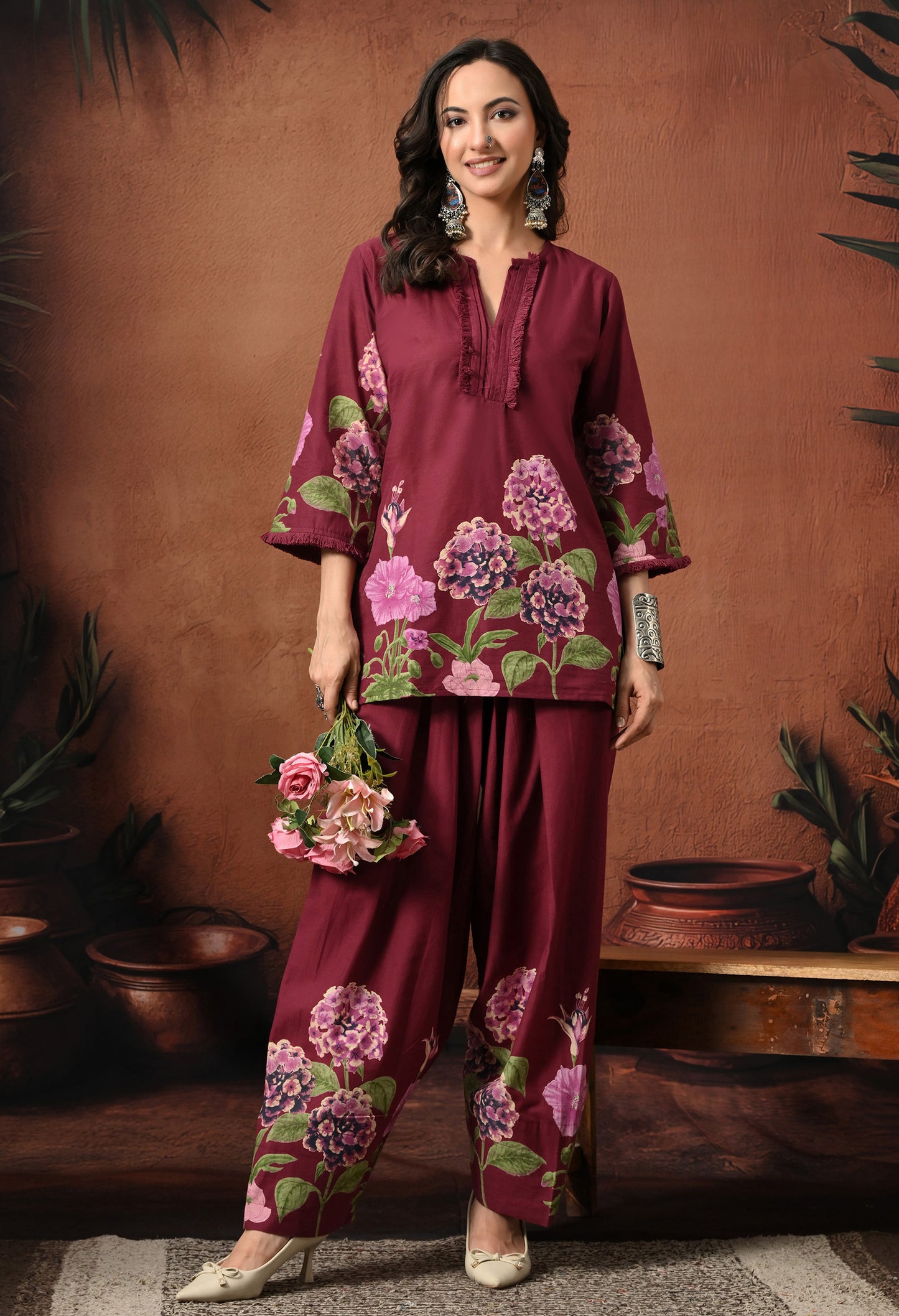 Wine Purple Hydrangea Floral Cotton Co-ord Set – Farshi Salwar Ethnic Wear