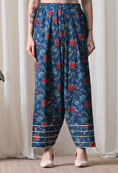 Indigo Blue Floral Printed Kurta & Farshi Salwar Set – Gota Patti Cotton Salwar Set