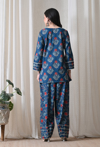 Indigo Blue Floral Printed Kurta & Farshi Salwar Set – Gota Patti Cotton Salwar Set