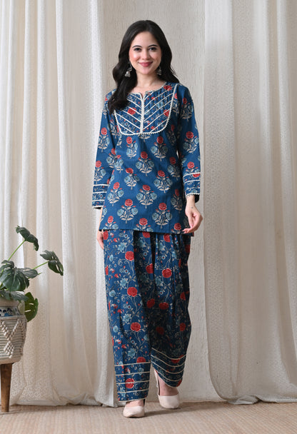 Indigo Blue Floral Printed Kurta & Farshi Salwar Set – Gota Patti Cotton Salwar Set
