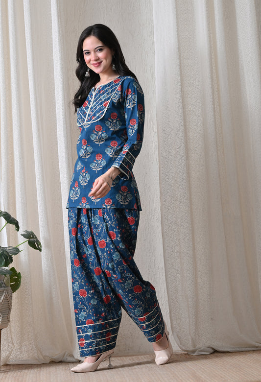 Indigo Blue Floral Printed Kurta & Farshi Salwar Set – Gota Patti Cotton Salwar Set