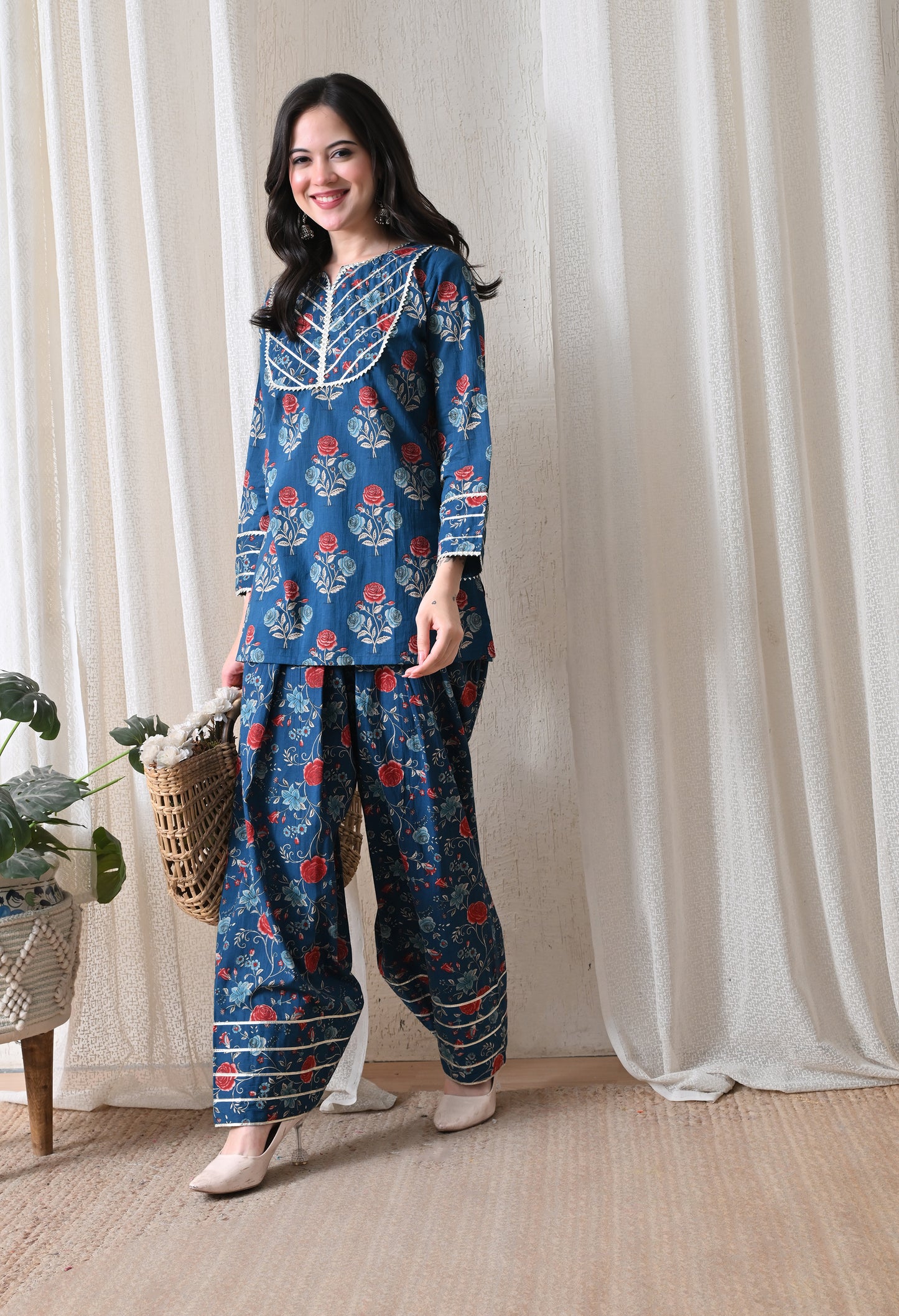 Indigo Blue Floral Printed Kurta & Farshi Salwar Set – Gota Patti Cotton Salwar Set