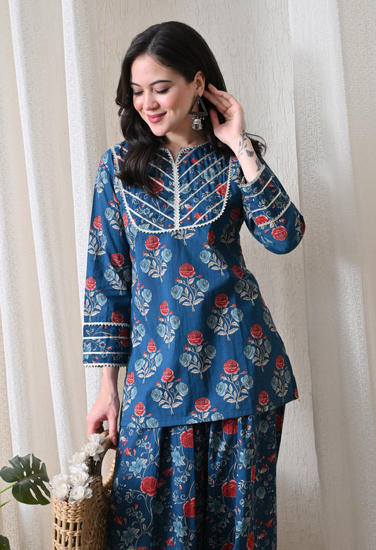 Indigo Blue Floral Printed Kurta & Farshi Salwar Set – Gota Patti Cotton Salwar Set