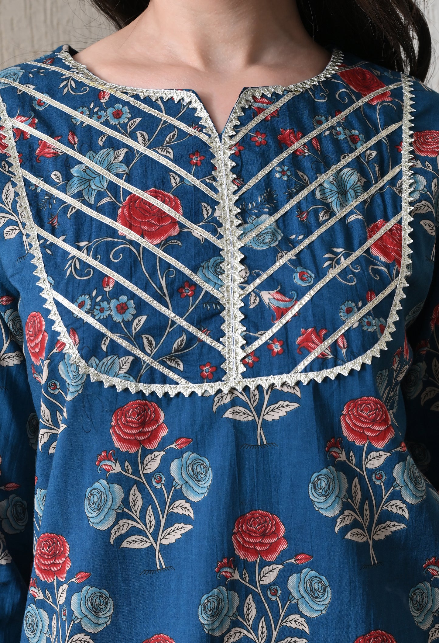 Indigo Blue Floral Printed Kurta & Farshi Salwar Set – Gota Patti Cotton Salwar Set