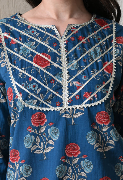 Indigo Blue Floral Printed Kurta & Farshi Salwar Set – Gota Patti Cotton Salwar Set