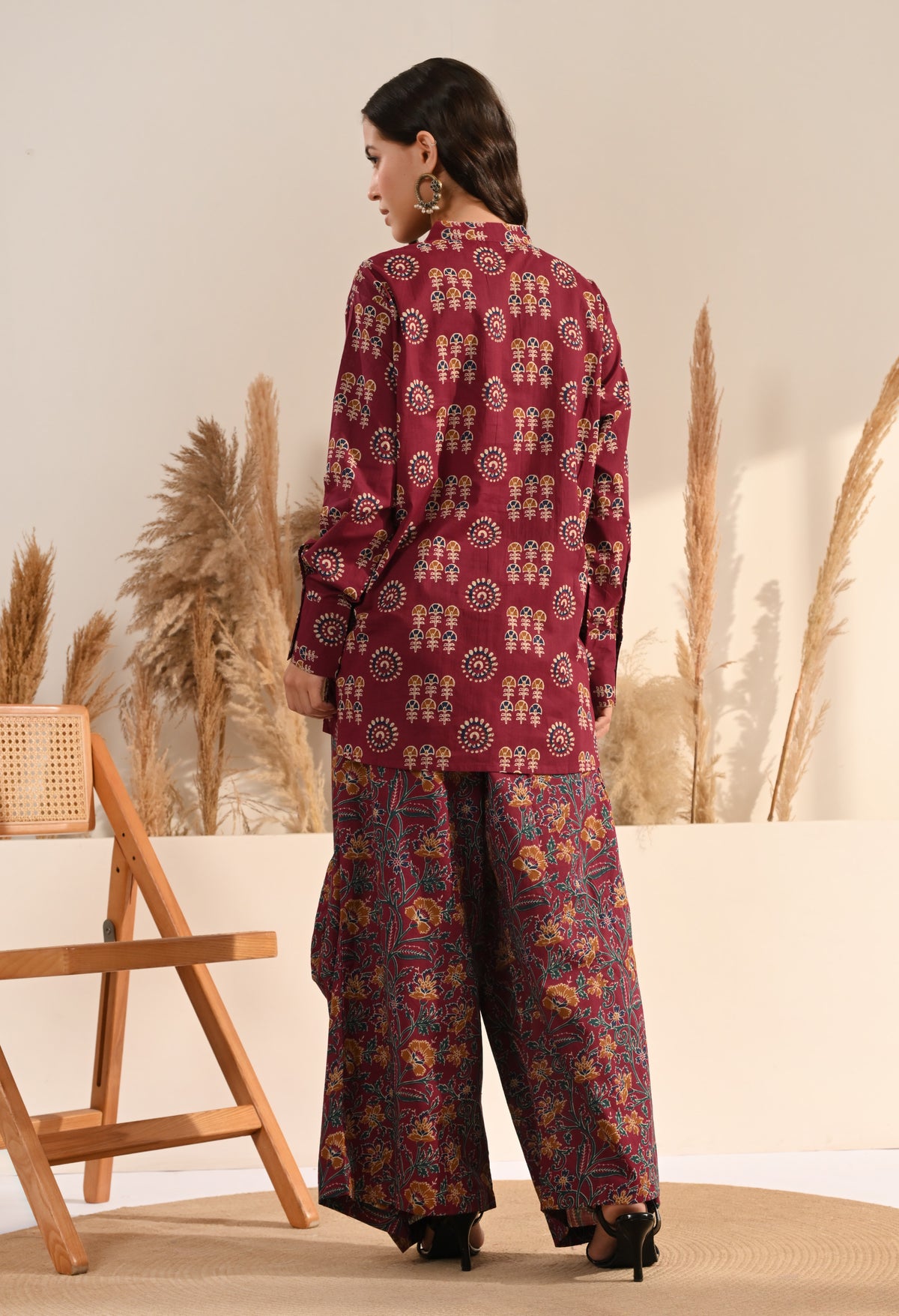 Maroon Floral Print Cotton Co-ord Set