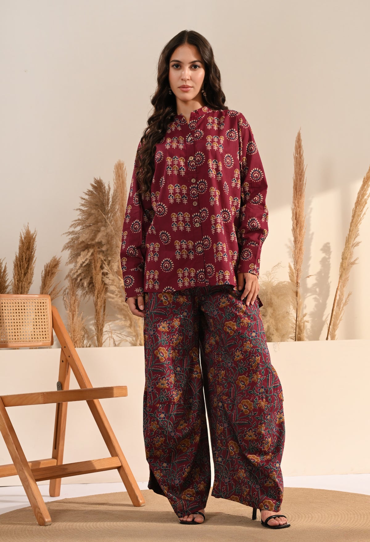 Maroon Floral Print Cotton Co-ord Set