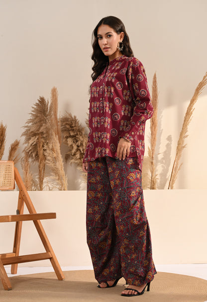 Maroon Floral Print Cotton Co-ord Set