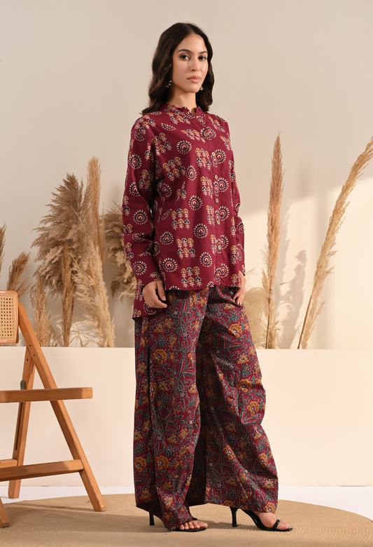 Maroon Floral Print Cotton Co-ord Set