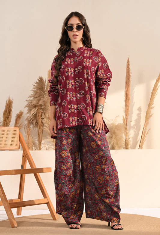 Maroon Floral Print Cotton Co-ord Set