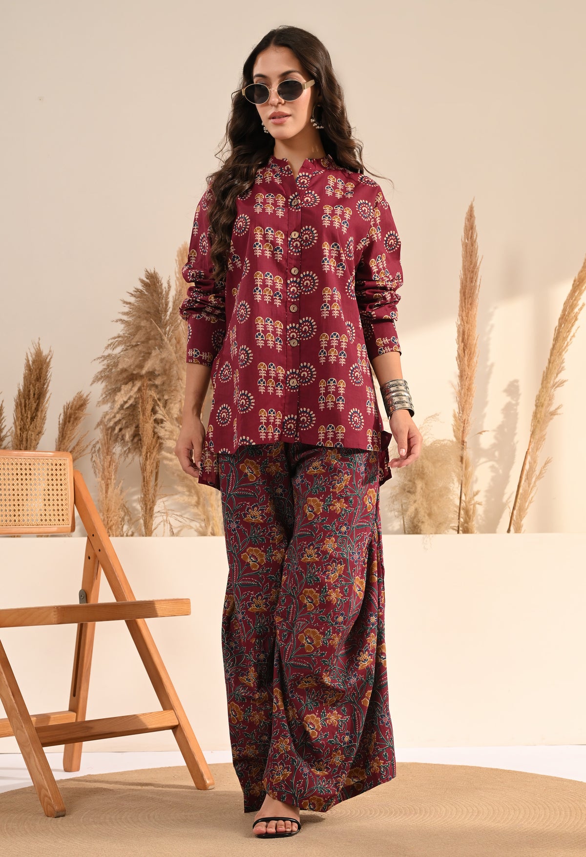 Maroon Floral Print Cotton Co-ord Set