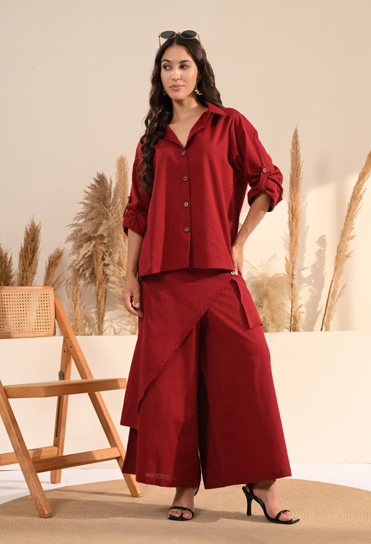 Sana Layered Cotton Shirt Co-ord Set - Maroon