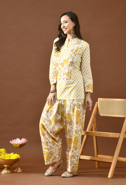 Sunshine Yellow & Ivory Block Print Farshi Salwar Set