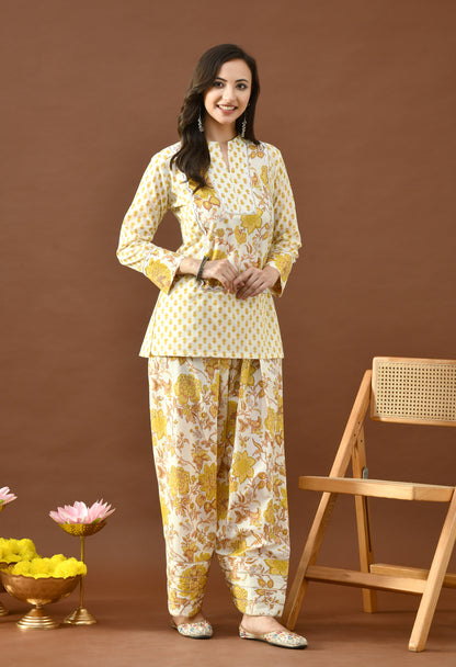 Sunshine Yellow & Ivory Block Print Farshi Salwar Set