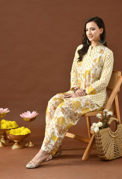 Sunshine Yellow & Ivory Block Print Farshi Salwar Set