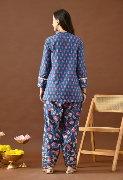 Indigo & Pink Floral Block Print Farshi Salwar Set
