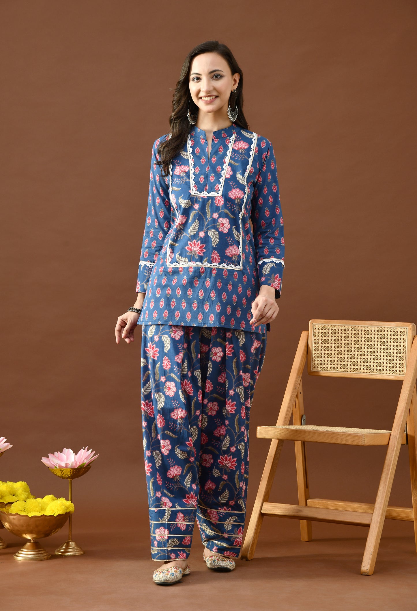 Indigo & Pink Floral Block Print Farshi Salwar Set