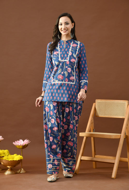 Indigo & Pink Floral Block Print Farshi Salwar Set