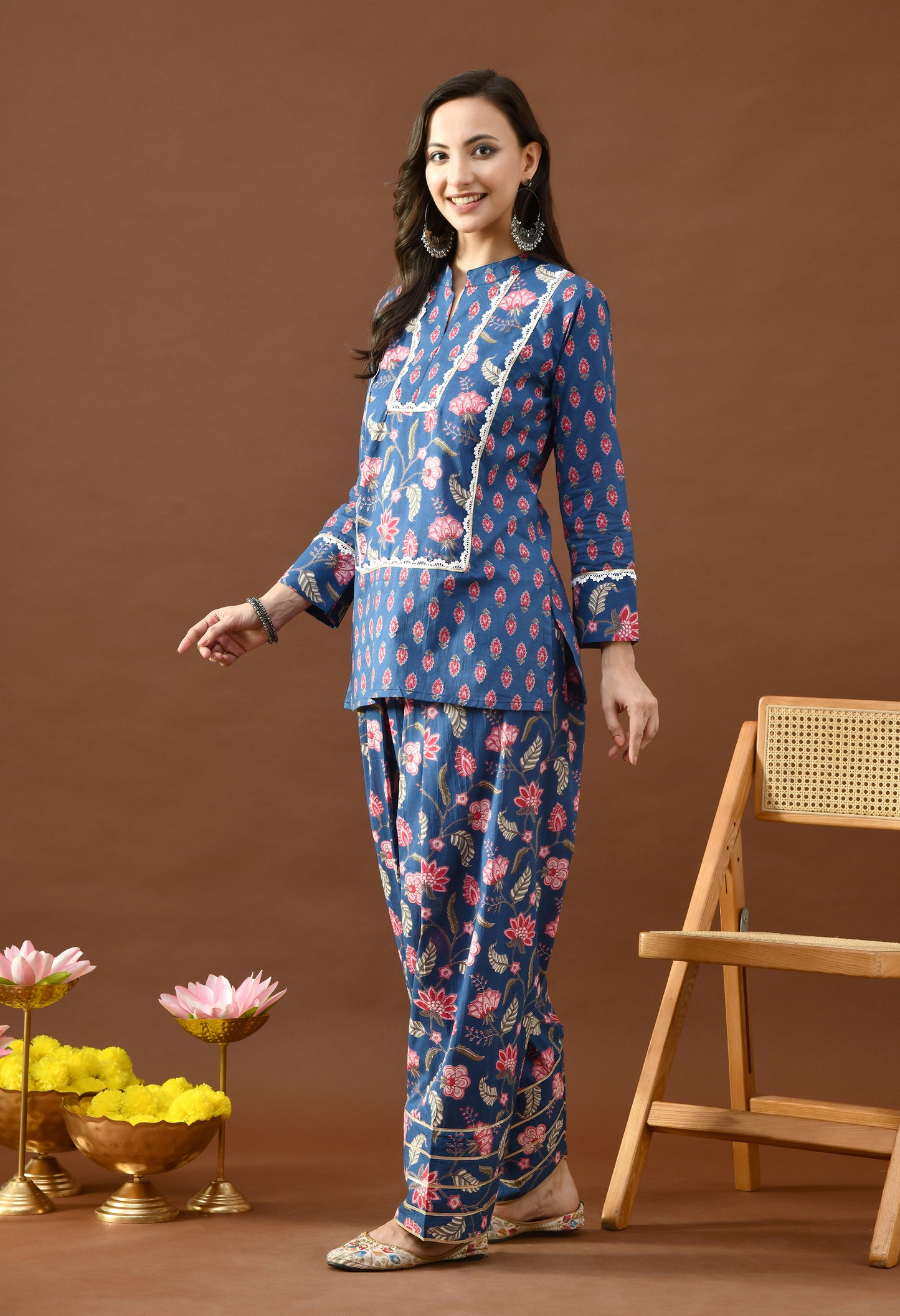 Indigo & Pink Floral Block Print Farshi Salwar Set