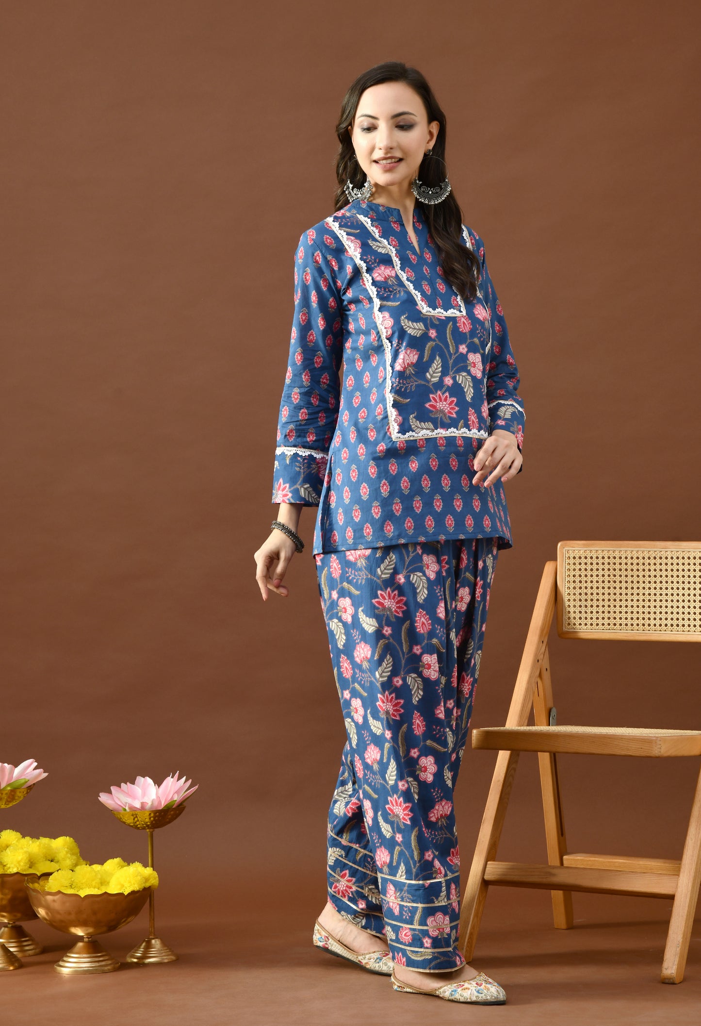 Indigo & Pink Floral Block Print Farshi Salwar Set
