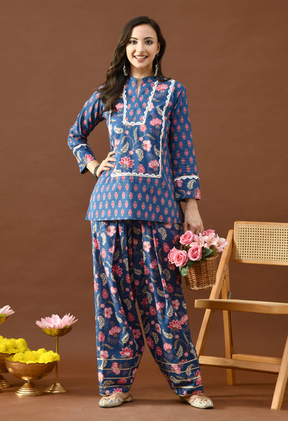 Indigo & Pink Floral Block Print Farshi Salwar Set