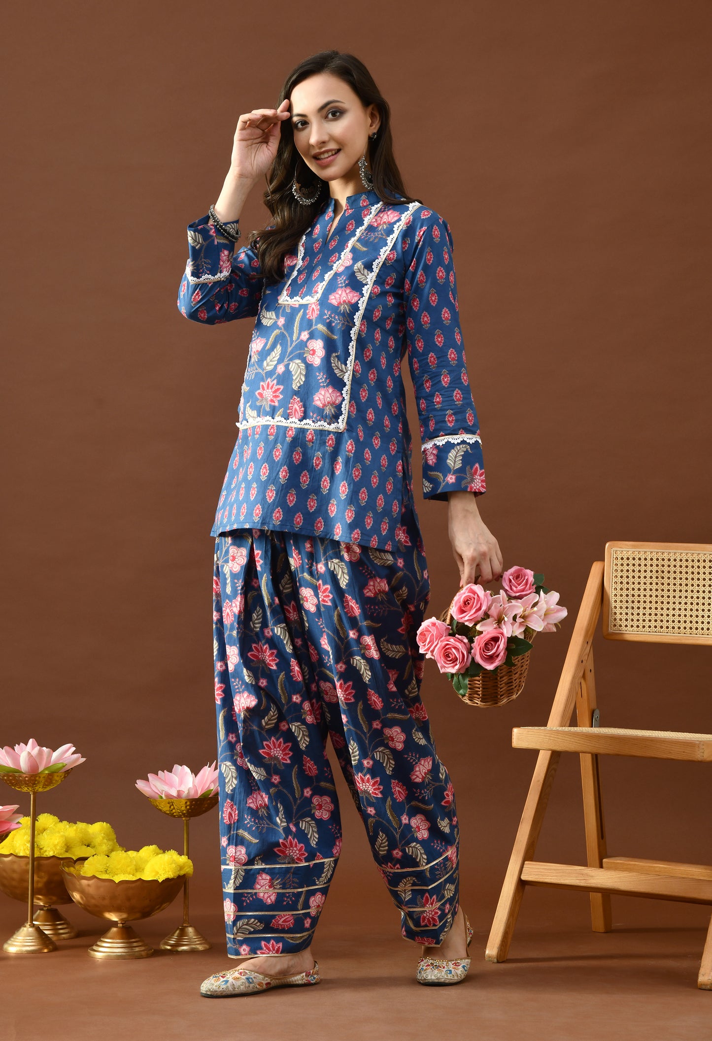 Indigo & Pink Floral Block Print Farshi Salwar Set