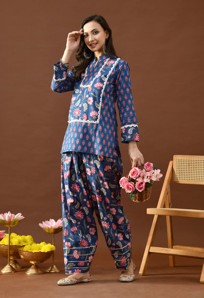 Indigo & Pink Floral Block Print Farshi Salwar Set