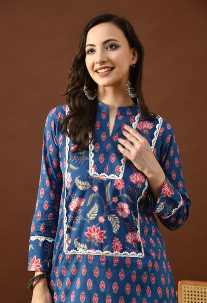 Indigo & Pink Floral Block Print Farshi Salwar Set