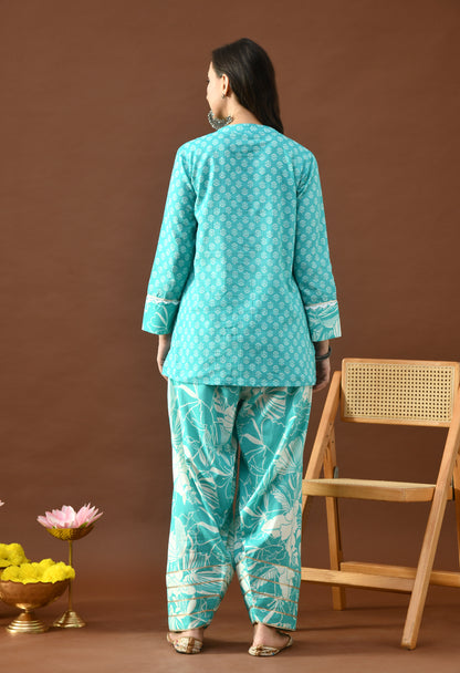 Turquoise & White Bloom Block Print Farshi Salwar Set