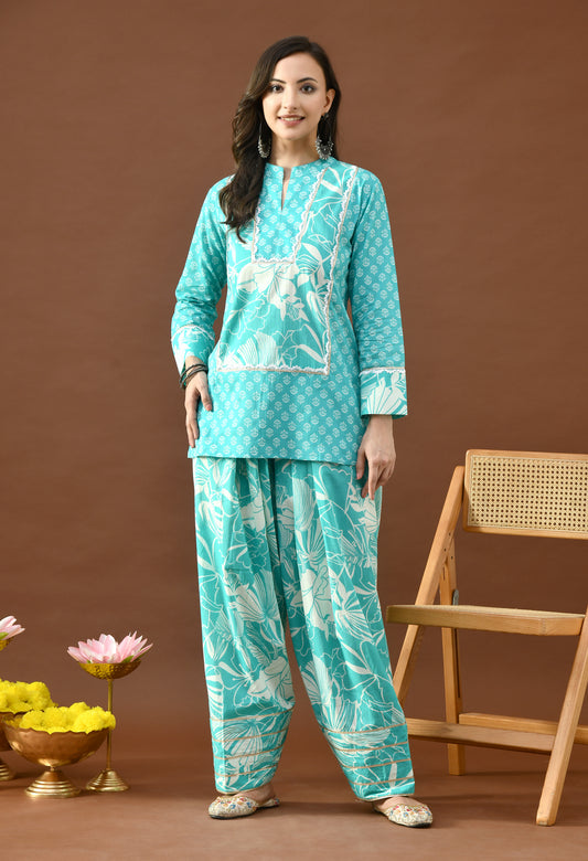 Turquoise & White Bloom Block Print Farshi Salwar Set