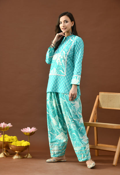 Turquoise & White Bloom Block Print Farshi Salwar Set