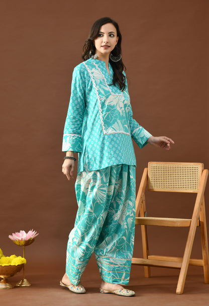 Turquoise & White Bloom Block Print Farshi Salwar Set