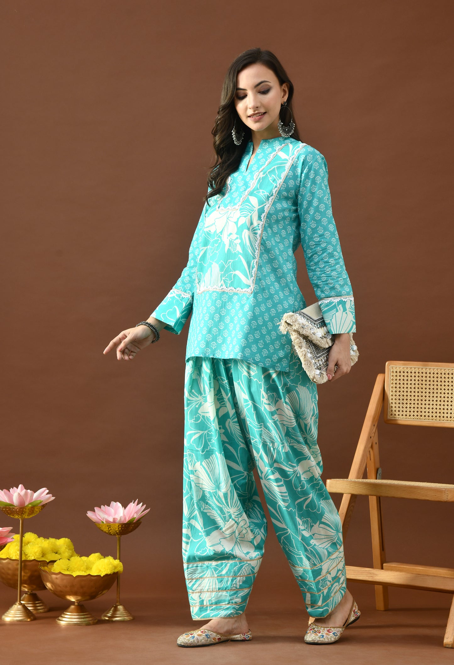 Turquoise & White Bloom Block Print Farshi Salwar Set