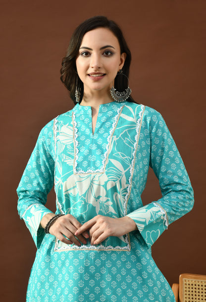 Turquoise & White Bloom Block Print Farshi Salwar Set