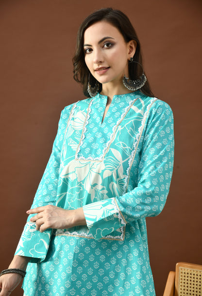 Turquoise & White Bloom Block Print Farshi Salwar Set