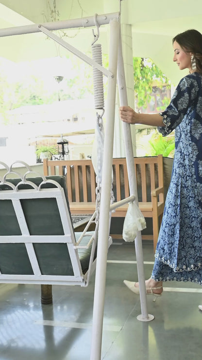 Indigo Blue Floral Hand-Block Longline Tunic & Wide-Leg Trouser Set