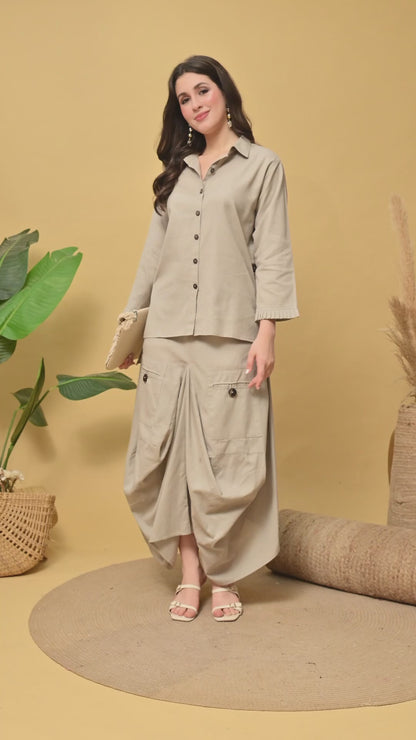 Sand Beige Pure Cotton Drape Skirt Co-ord Set