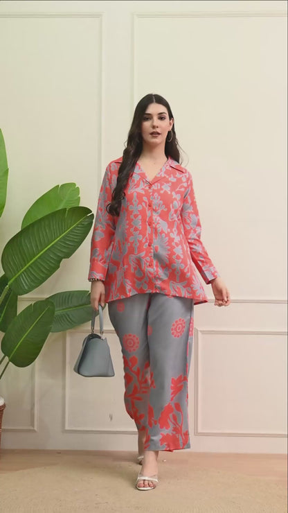 Coral Blossom Linen Co-ord Set