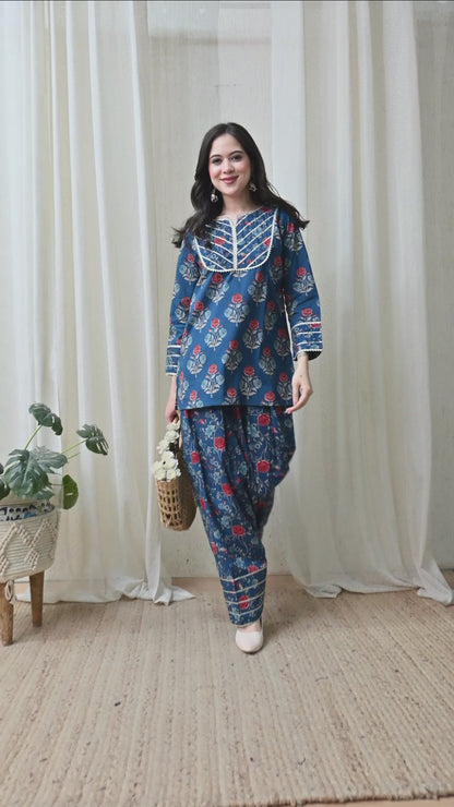 Indigo Blue Floral Printed Kurta & Farshi Salwar Set – Gota Patti Cotton Salwar Set