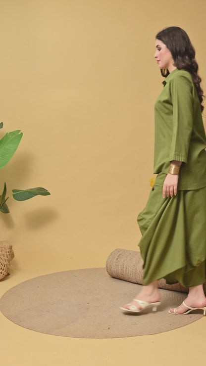 Olive Green Pure Cotton Drape Skirt Set