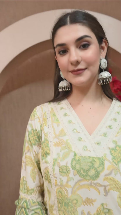 Pistachio Bloom Cotton Anarkali Suit Set