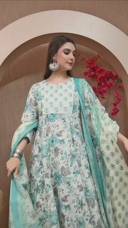 Turquoise Breeze Premium Cotton Anarkali Set